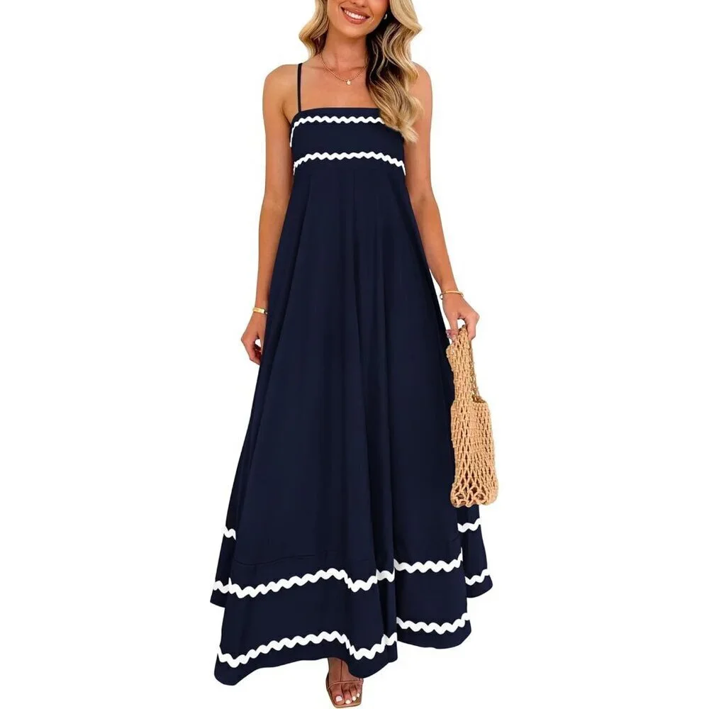 Women's Dark Blue Casual Sleeveless Spaghetti Strap Ruffle Beach Maxi Dress